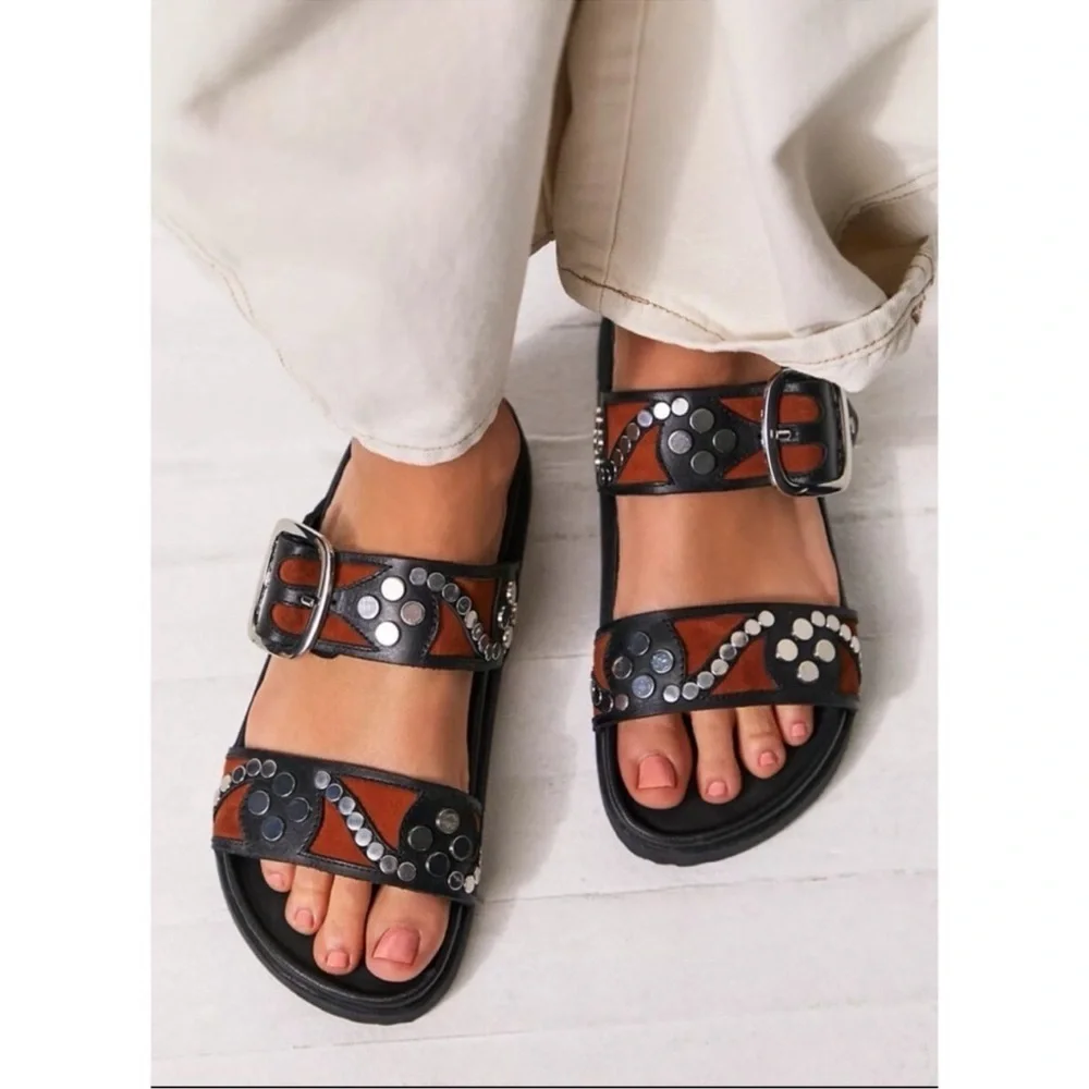 New Free People Revelry Studded Leather Buckle Sandals Black Size 8